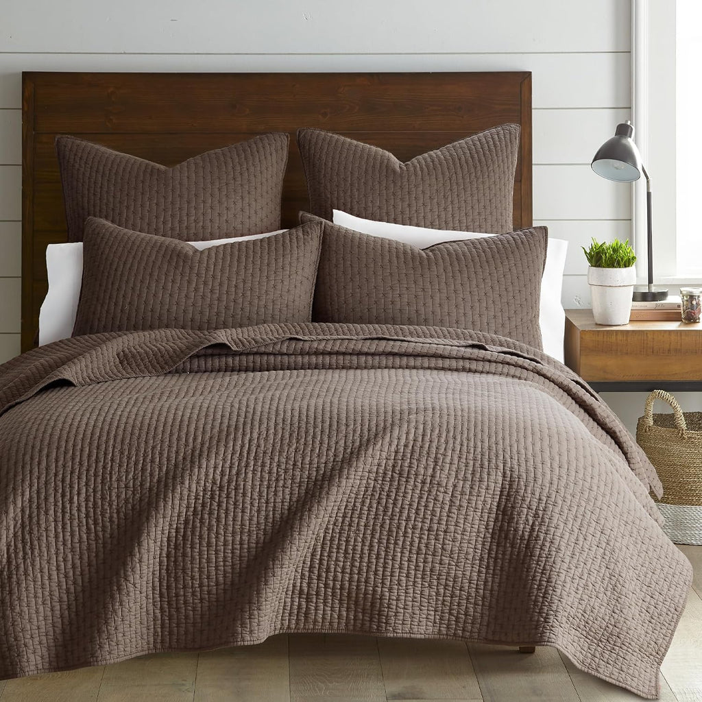 Levtex Home Cross Stitch Reversible Full/Queen Quilt Set (88x92in) with 2 Pillow Shams (26x20in) - Stitch Texture - Cocoa - Cotton Full/Queen Size Quilt Bedding Set - Lightweight, Soft, Pre-Washed