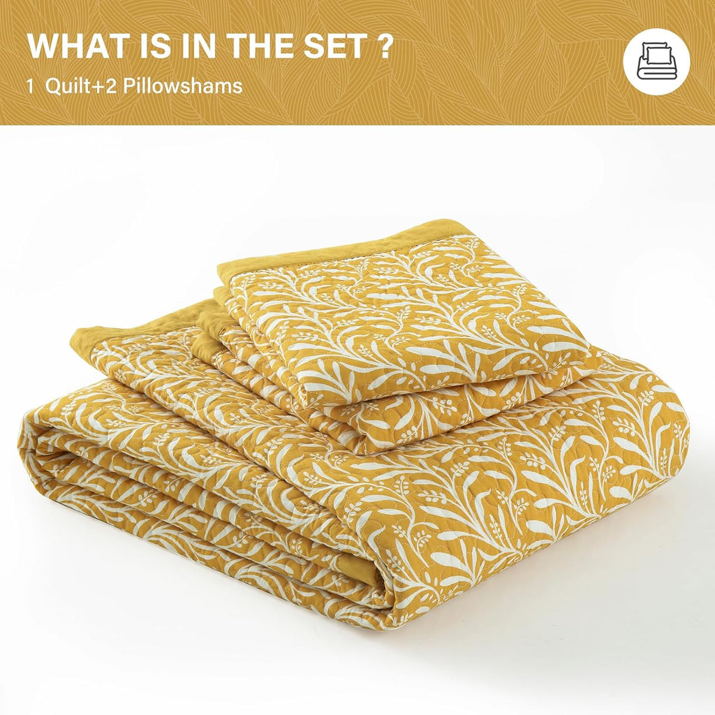 SahSahCasa Quilt Set King Size, 100% Cotton Quilt Bedding Set Bedspread, Botanical Pattern Solid Color Chic Lightweight Quilted Comforter for King Bed, Mustard Yellow, All Season, 3 Pieces
