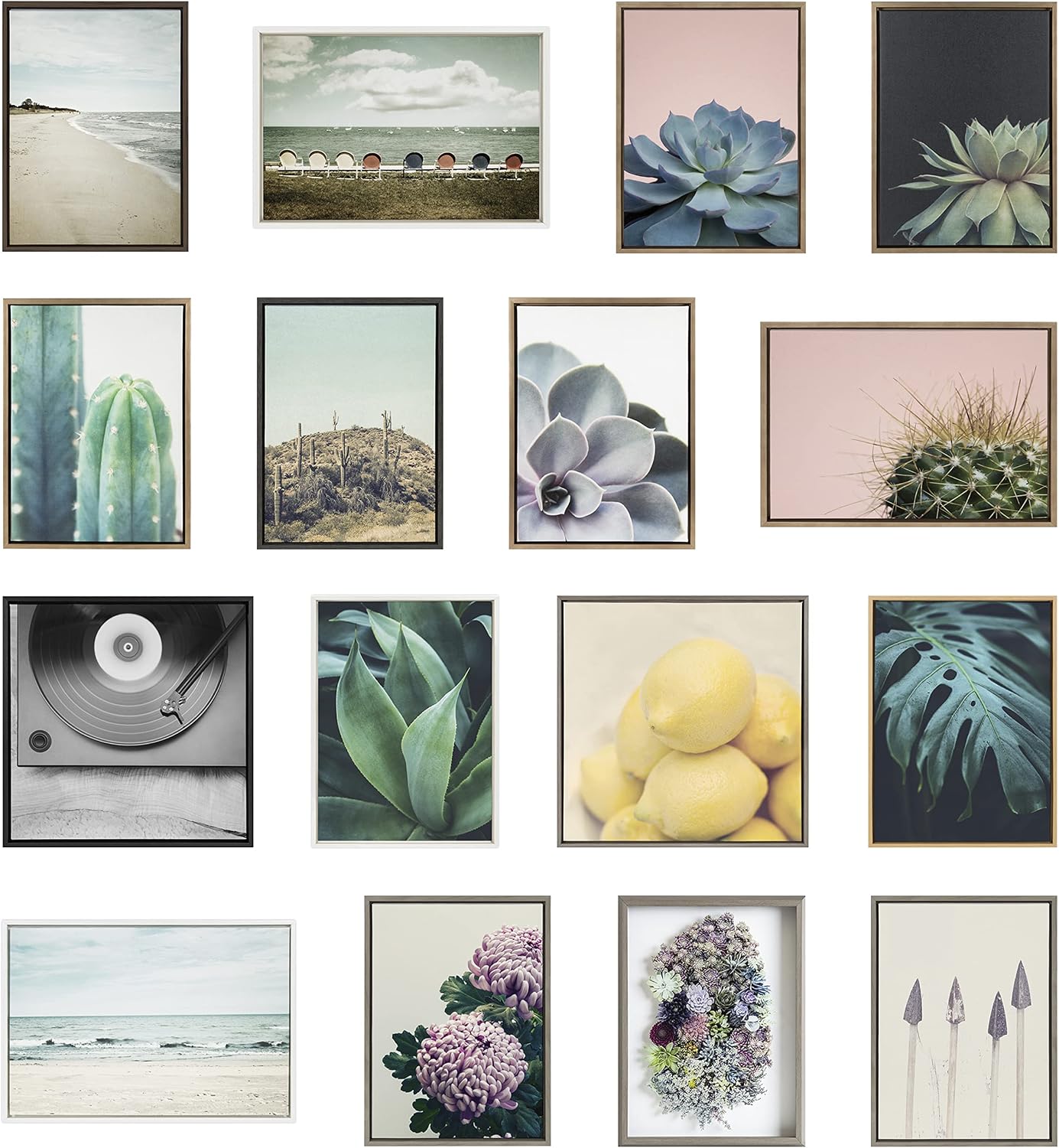 Kate and Laurel Sylvie Succulent 8 Framed Canvas Wall Art by Emiko and Mark Franzen of F2Images; 30x30 Gold; Dramatic Greenery Art for Wall