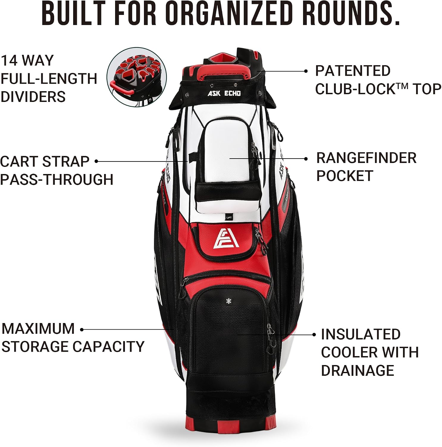 ASK ECHO T-Lock Golf Cart Bag with 14 Way Organizer Divider Top, Premium Cart Bag with Handles and Rain Cover for Men