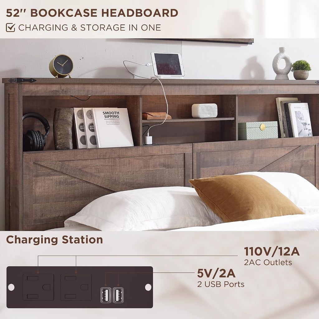 ACCOHOHO King Size Bed Frame with 52' High Storage Headboard and 4 Drawers,Wood Bed Frame with LED Light and Charging Station,Warm Brown