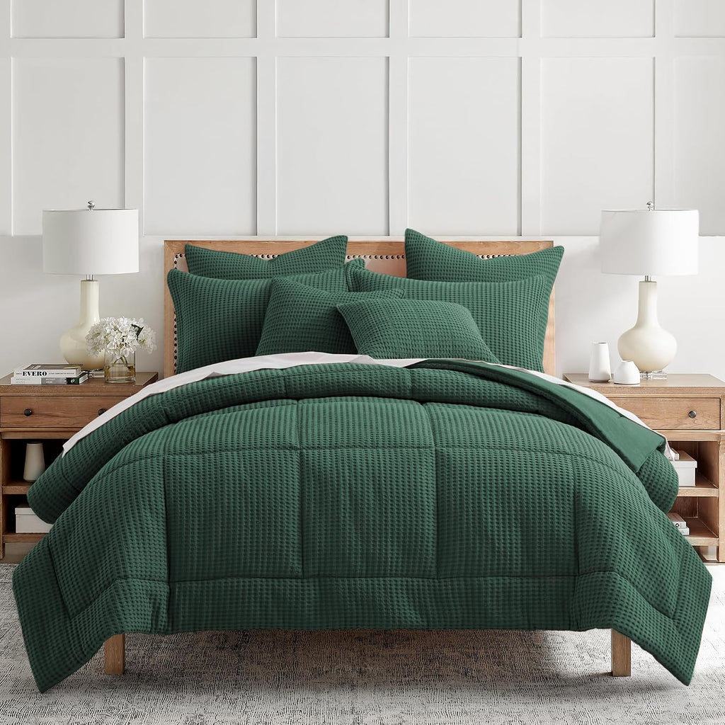 Levtex Home Mills Waffle Full/Queen Comforter Set (90x94in) with 2 Pillow Shams (26x20in) - Forest Green - 100% Cotton Full/Queen Size Comforter Set - Soft, Pre-Washed