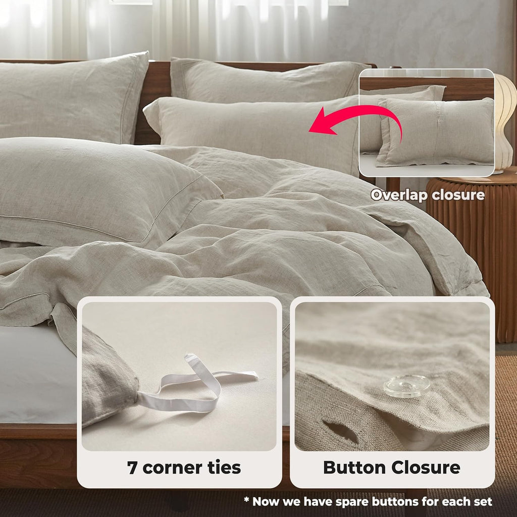Simple&Opulence 100% Washed Linen Duvet Cover with Embroidered,3 Pieces Soft Farmhouse Comforter Set with Button Closure,1 Duvet Cover and 2 Pillowshams(Queen,Natural Linen)