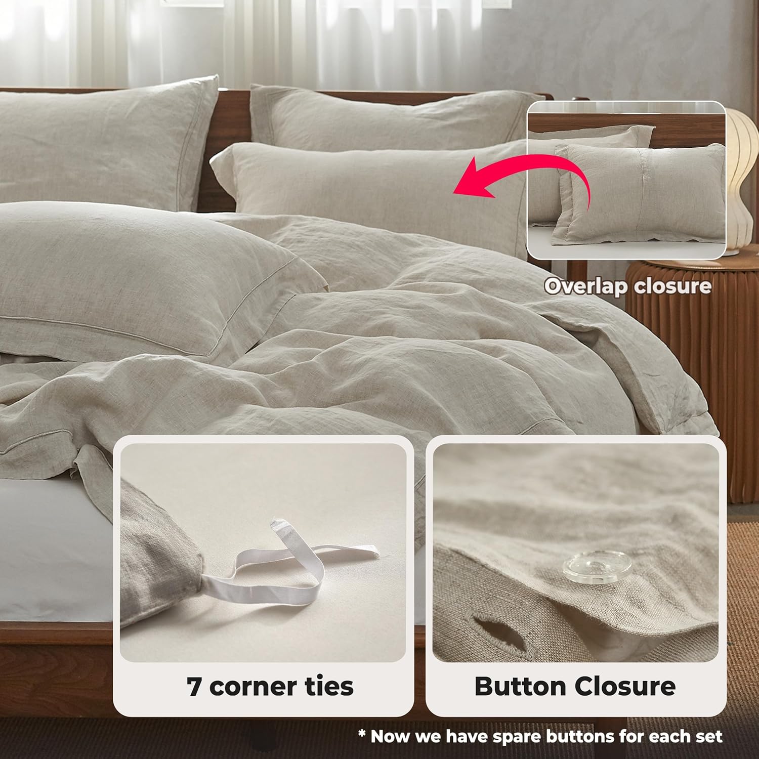 Simple&Opulence 100% Washed Linen Duvet Cover with Embroidered, 3 Pieces Soft Farmhouse Comforter Set with Button Closure,1 Duvet Cover and 2 Pillowshams (California King,Natural Linen)