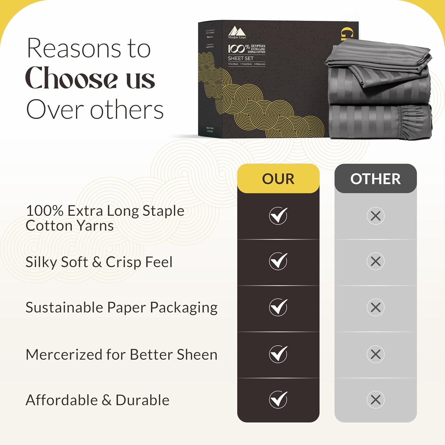 Mayfair Linen 100% Pure Egyptian Cotton Sheet King Size - Luxury 1000 Series Grandiose Collection Striped King Size Sheets Set (4 PC, Dark Grey - Stripe), 16' Deep Pocket Soft Cooling Hotel Sheets Set