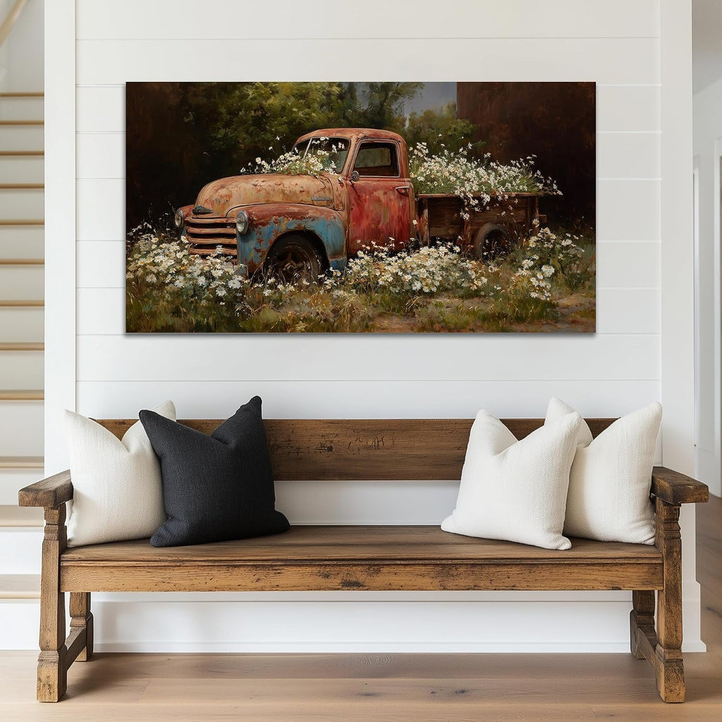 TIMUBA Spring Farmhouse Truck Wall Art, Country Landscape Barn Wall Decor Canvas, Vintage Red Truck Painting Artwork, Modern Rustic Wildflower Picture Poster for Home Living Room Decoration 60x30 Inch