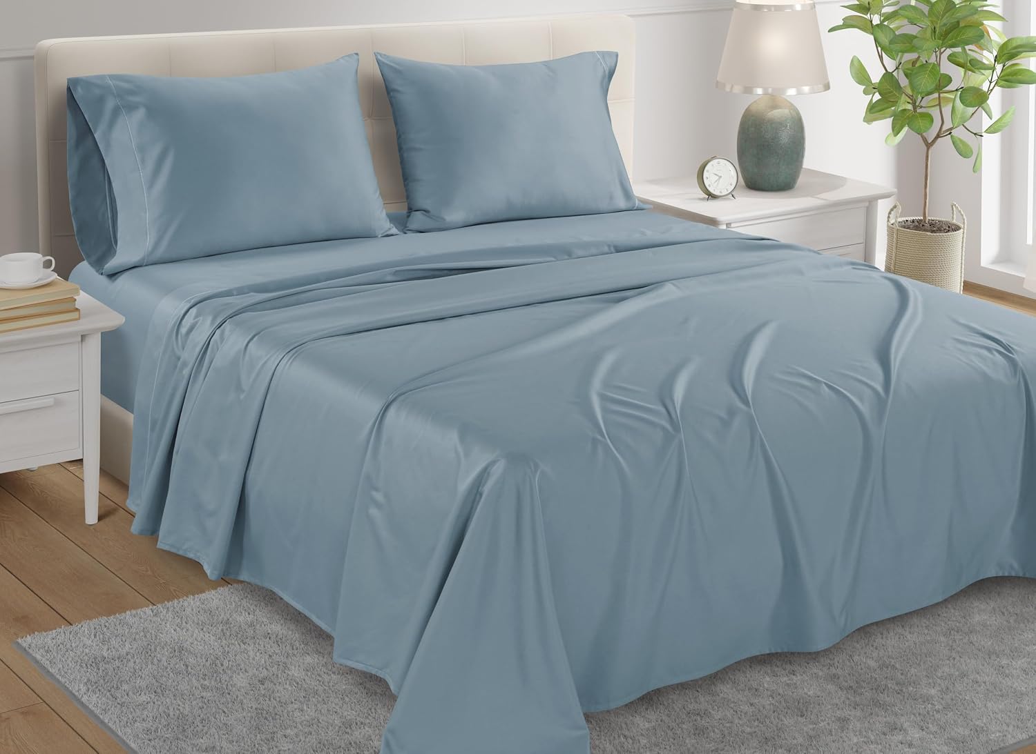 100% Egyptian Cotton Sheets For California King Size Bed, 800TC Sateen Weave CalKing Sheet Set, 15' Deep Elasticated Sheet & Pillowcase Sets, Soft & Comfy Naturally Cool & Breathable - French Blue