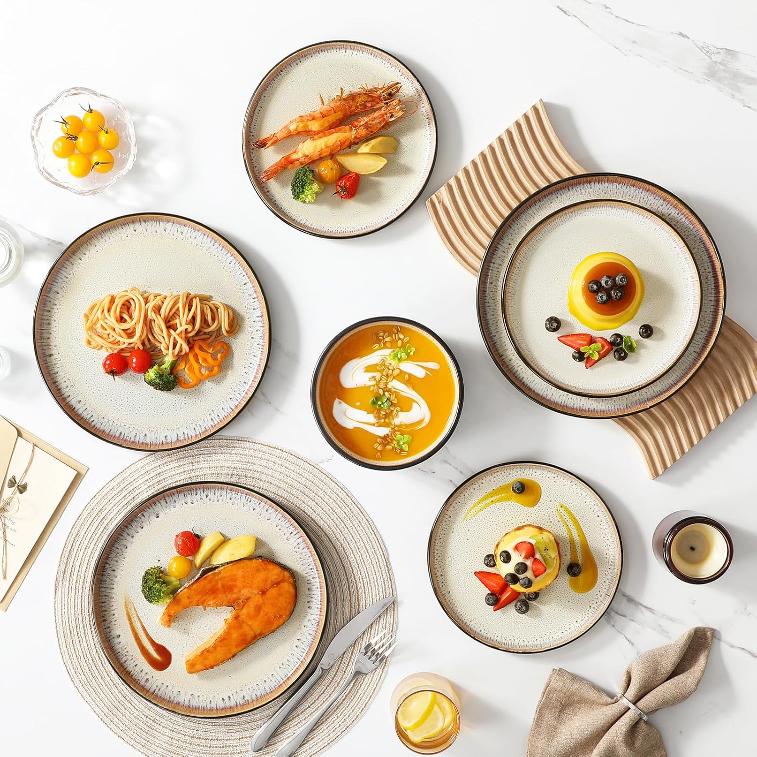 vancasso Plates and Bowls Sets, Ceramic Dinnerware Sets Stoneware Kitchen Dishes Dishware Mircowave and Dishwasher Safe, 18 Pieces, Oyster White
