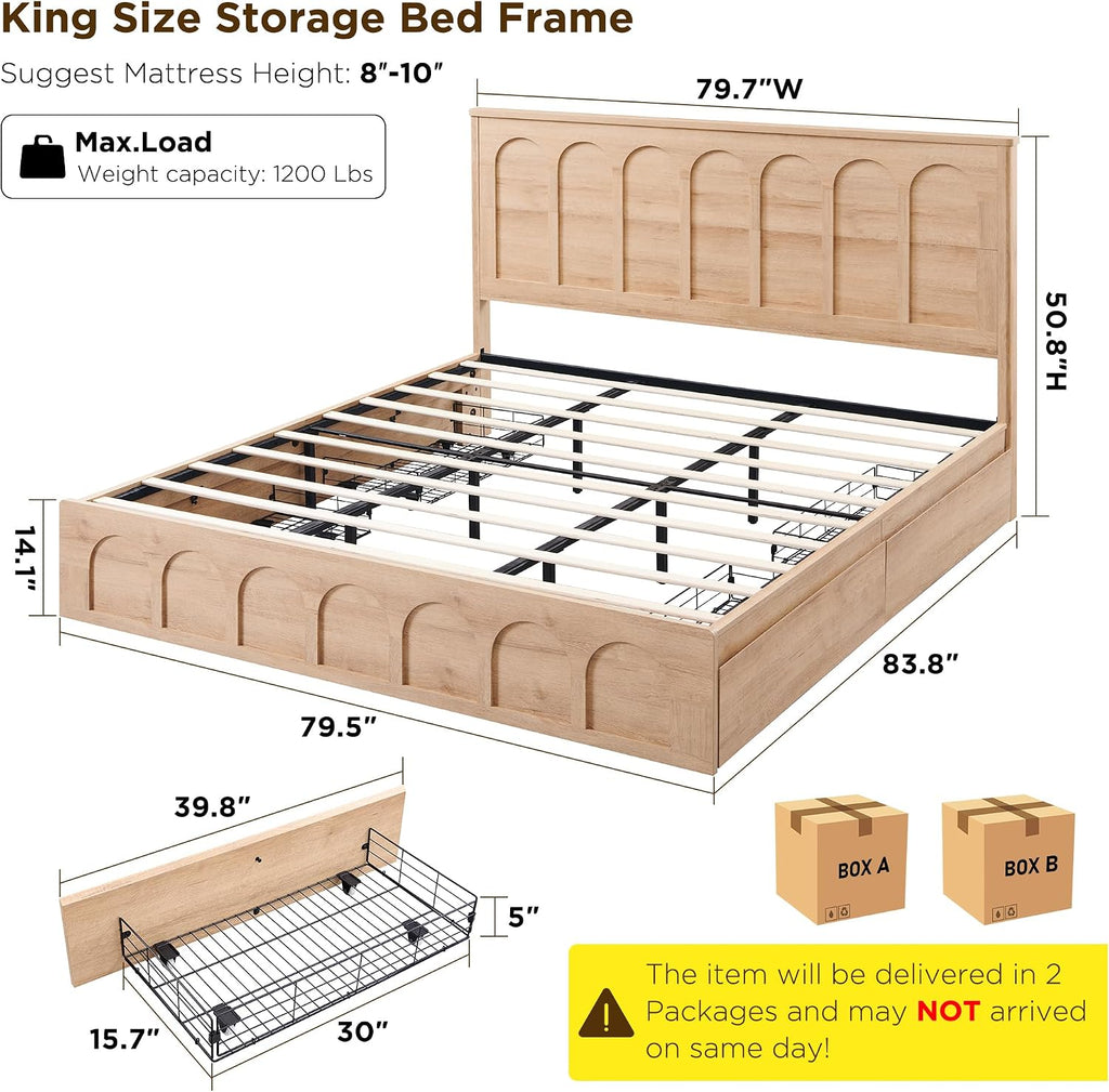 ACCOHOHO Modern King Size Bed Frame with 4 Drawers, 51' Tall Arched Recessed Headboard, Solid Wood Slats Support, Noise Free, No Box Spring Needed, Wood Platform, Natural Oak