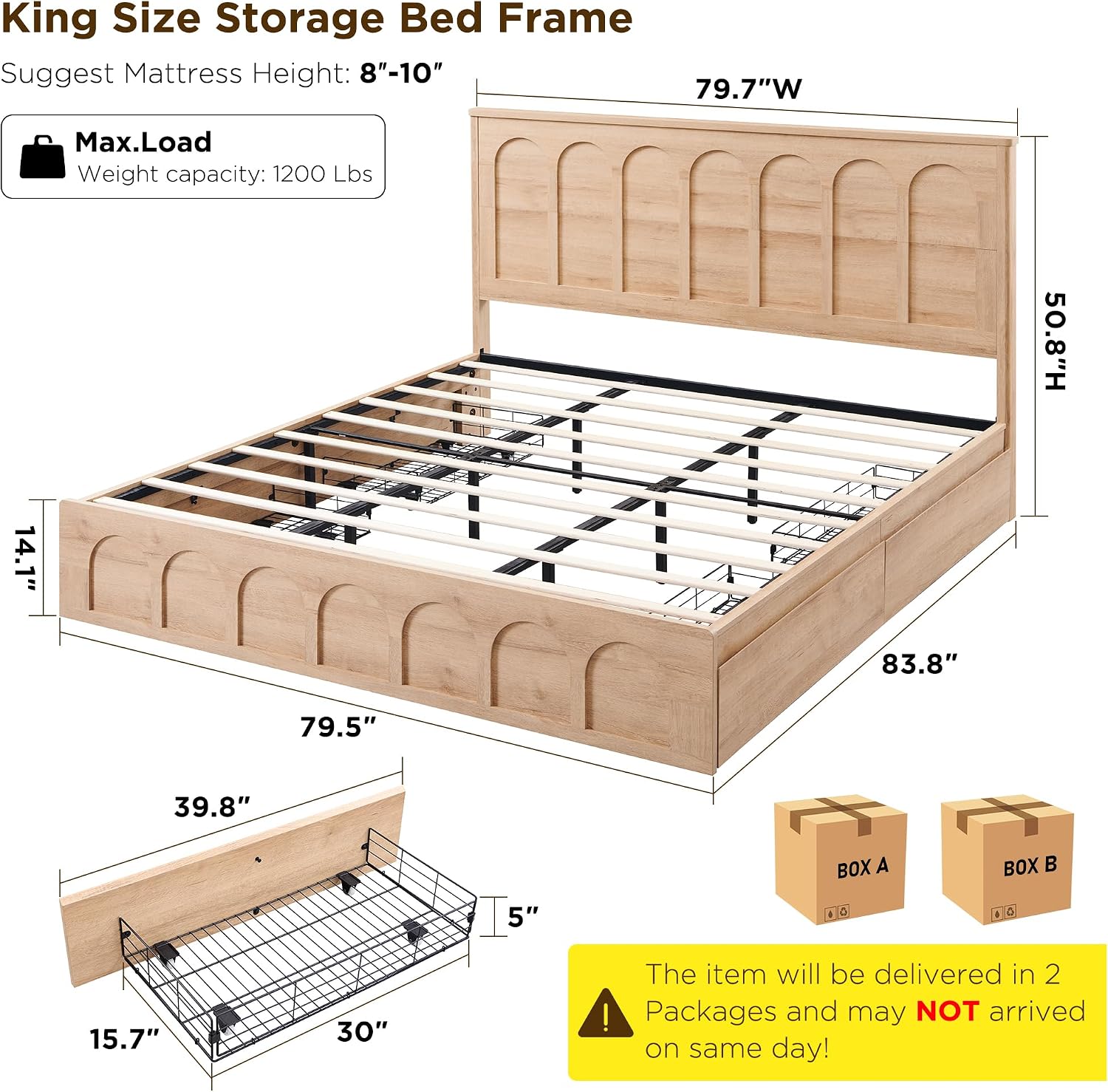 ACCOHOHO Modern King Size Bed Frame with 4 Drawers, 51' Tall Arched Recessed Headboard, Solid Wood Slats Support, Noise Free, No Box Spring Needed, Wood Platform, Natural Oak
