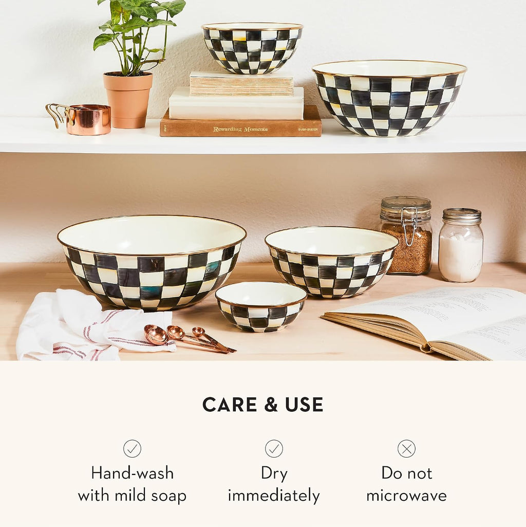 MACKENZIE-CHILDS Enamel Everyday Bowl, Serving Bowl for Entertaining, Extra-Small, Black-and-White Courtly Check, Set of 4