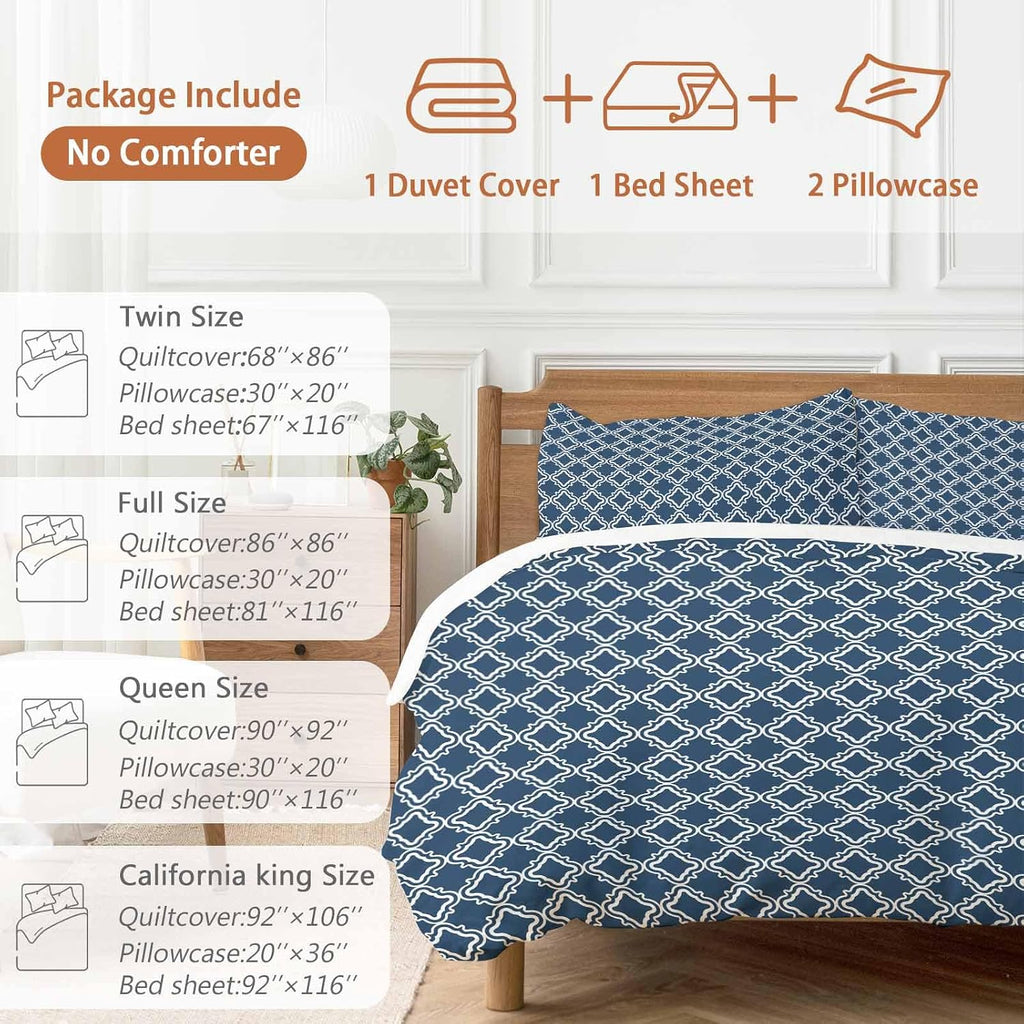 Prime Leader Blue White Plaid Duvet Cover Set Queen Size 4 Pieces Abstract Blue Morocco Texture Bedding Set with Zipper Closure, 1 Comforter Cover 90x92 Inches 1 Flat Sheet & 2 Pillow Cases