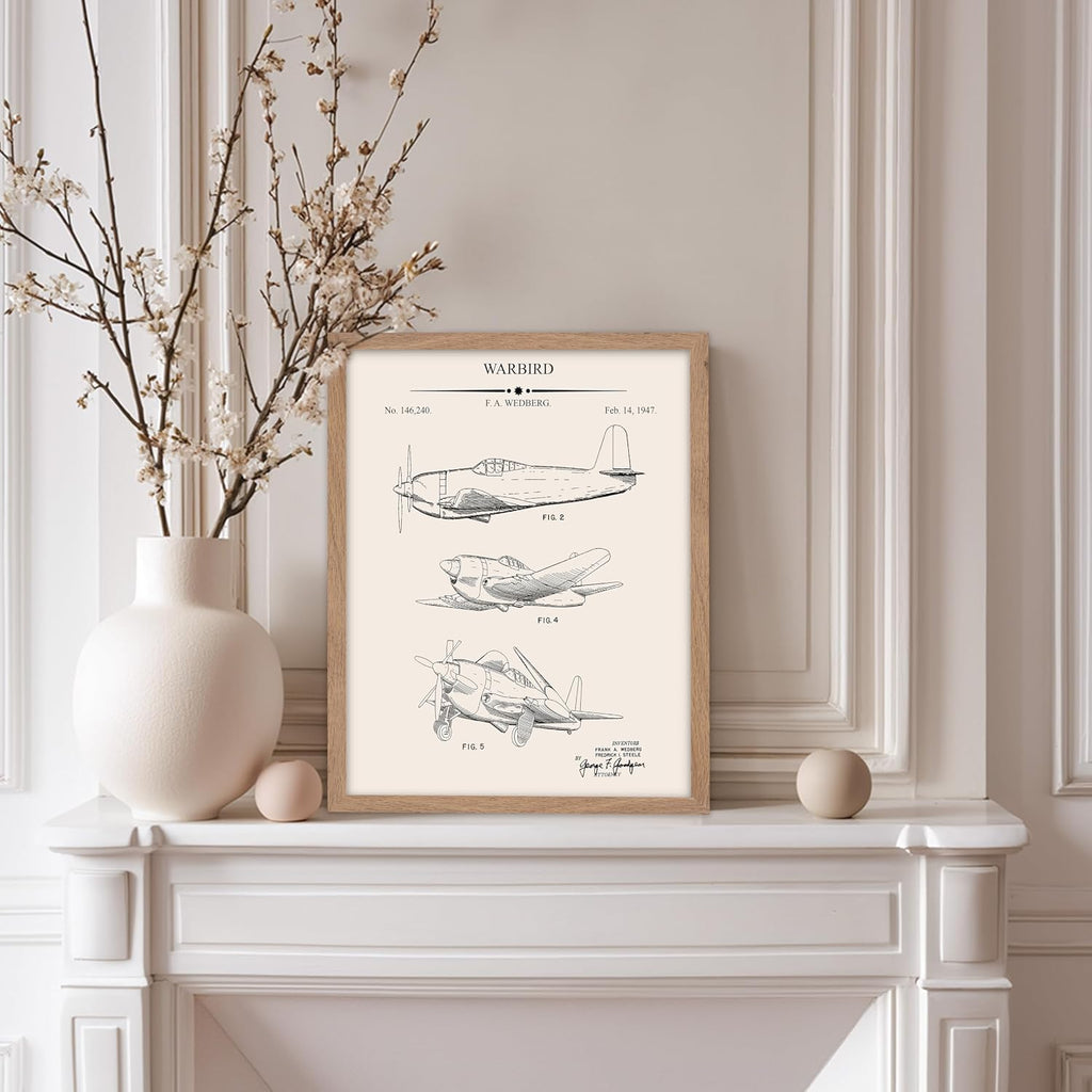 Poster Master 6-Piece Vintage Aviation Blueprint Poster - Airplane Patent Print - Aircraft Art - Aviation Design - Biplane & Warbird Print - Great Office or Living Room Decor - 8x10 Beige Framed