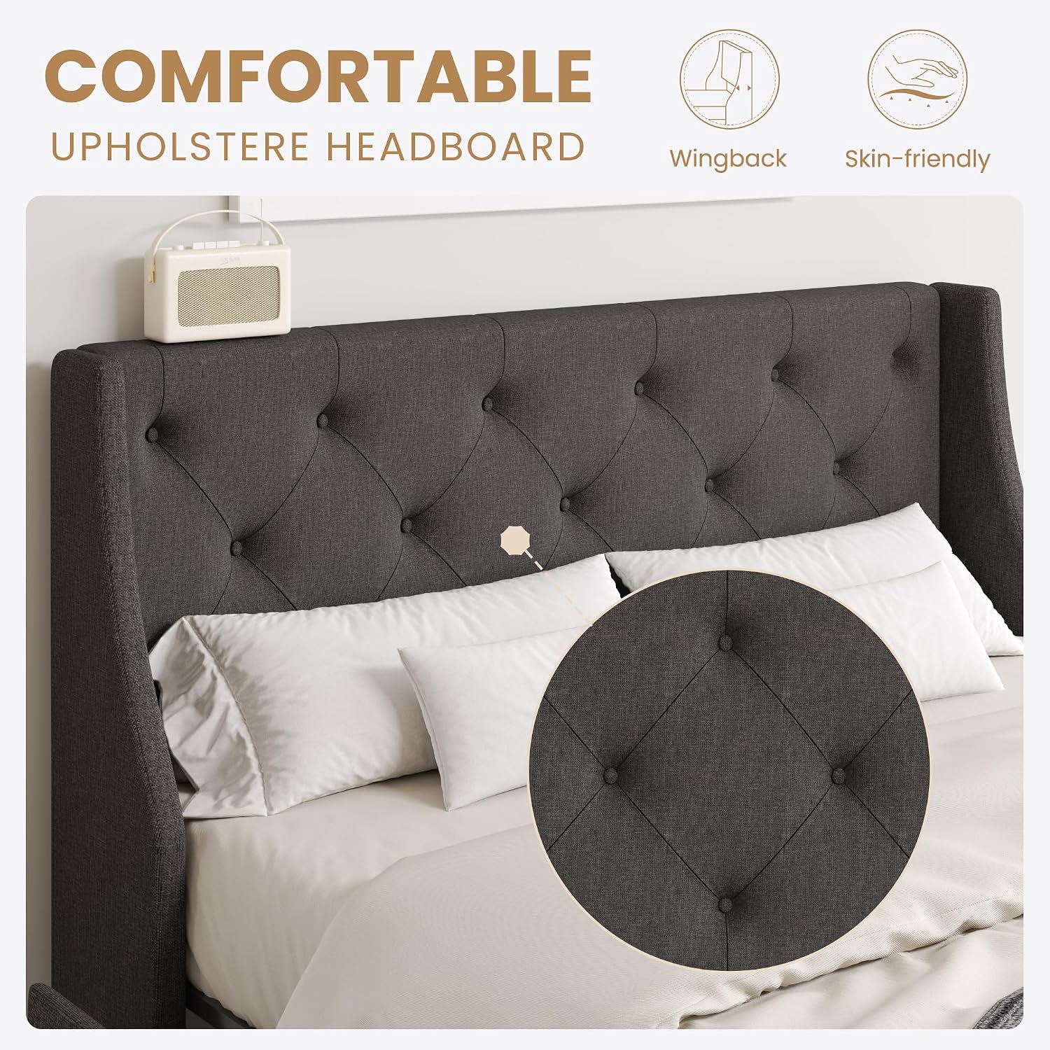 SHA CERLIN Upholstered Full Size Platform Bed Frame with 4 Storage Drawers and Wingback Headboard, Diamond Stitched Button Tufted Design, No Box Spring Needed, Dark Grey