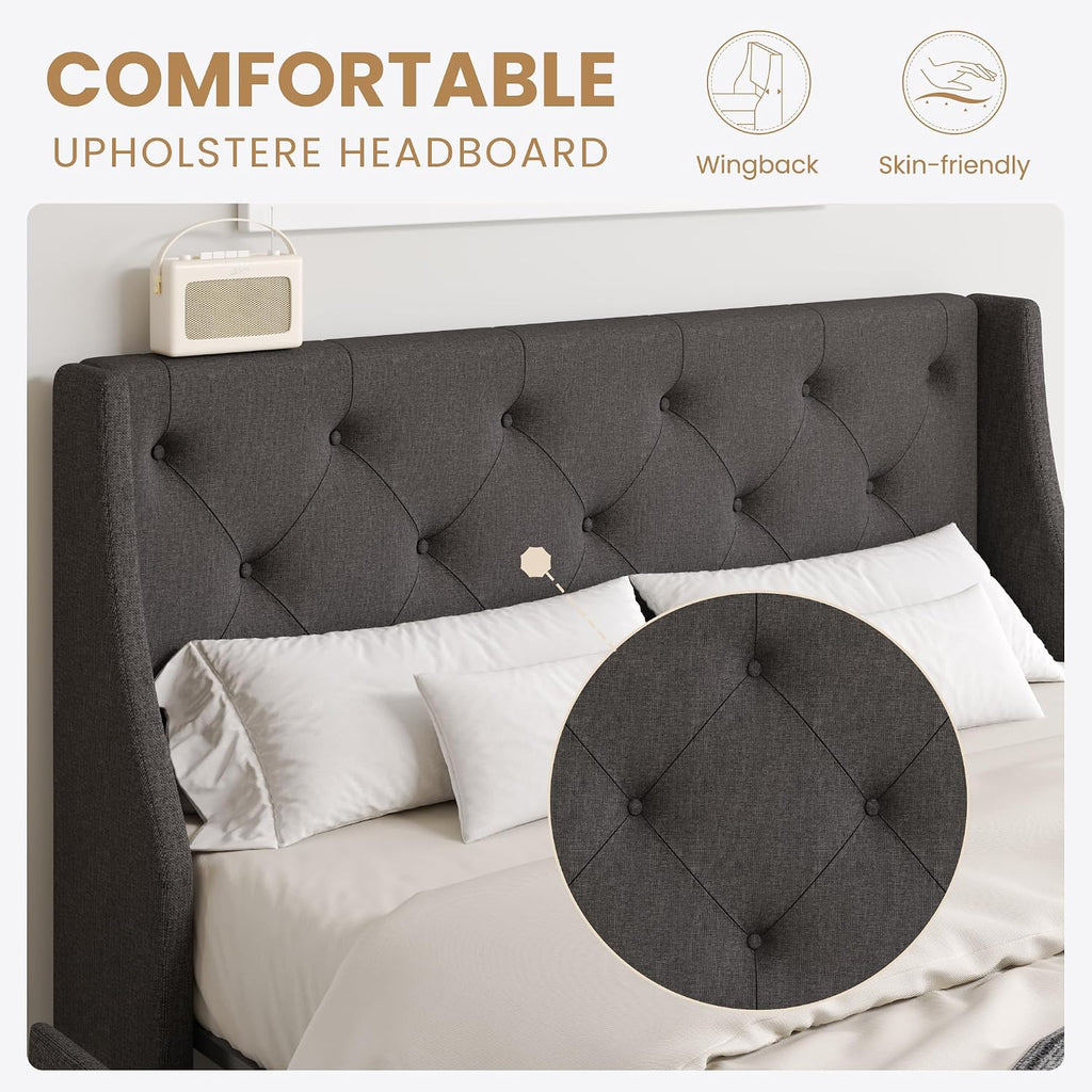 SHA CERLIN Queen Platform Upholstered Bed Frame with 4 Storage Drawers and Wingback Headboard, Diamond Stitched Button Tufted Design, No Box Spring Needed, Dark Grey