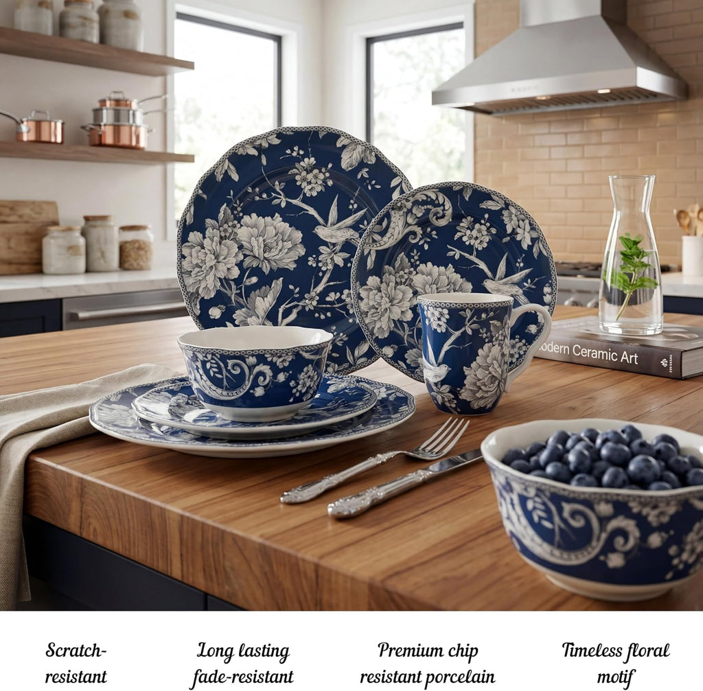 222 Fifth Adelaide 16-Piece Dark Blue Porcelain Dinnerware Set – Service for 4, Plate, Bowl & Mug Set, Bird & Floral Design, Everyday Big Dinner Plates and Bowls Sets, Microwave & Dishwasher Safe