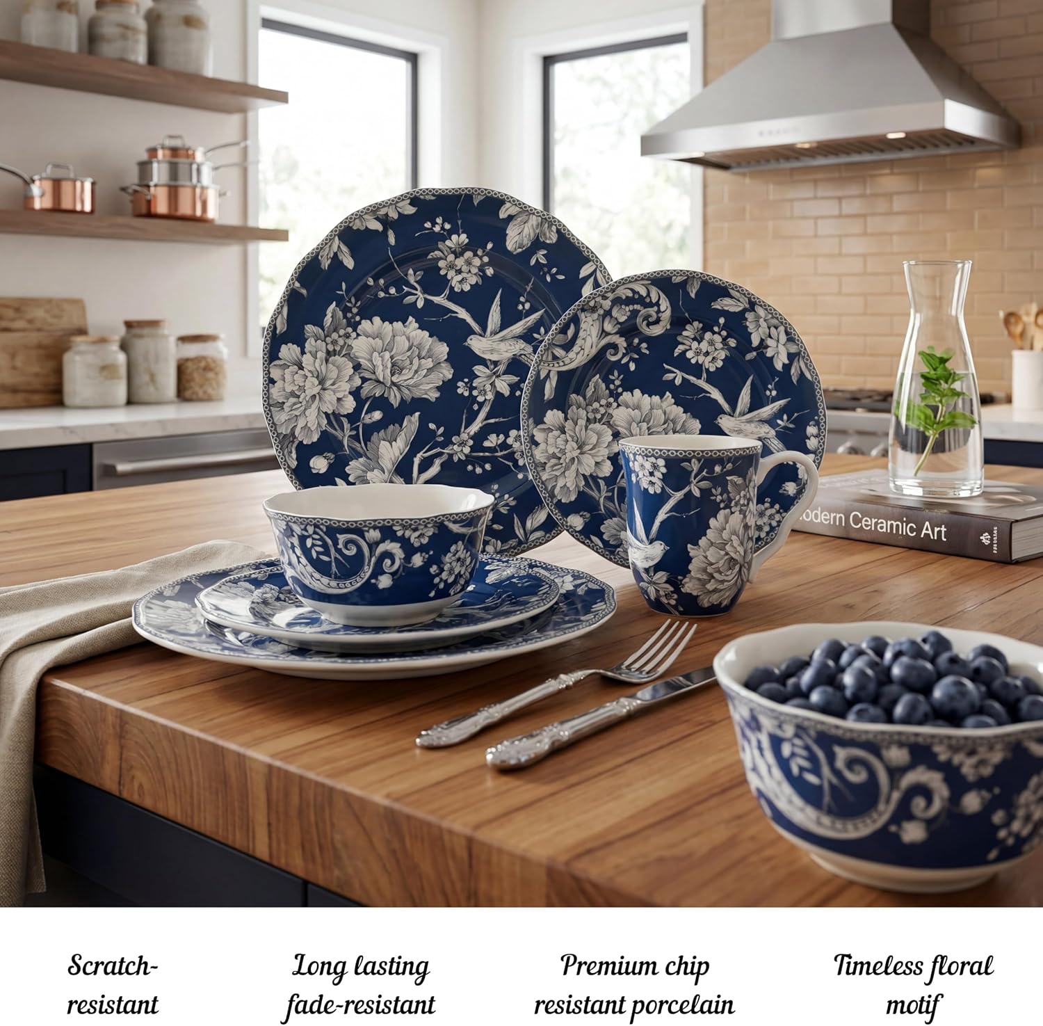 222 Fifth Adelaide 16-Piece Dark Blue Porcelain Dinnerware Set – Service for 4, Plate, Bowl & Mug Set, Bird & Floral Design, Everyday Big Dinner Plates and Bowls Sets, Microwave & Dishwasher Safe
