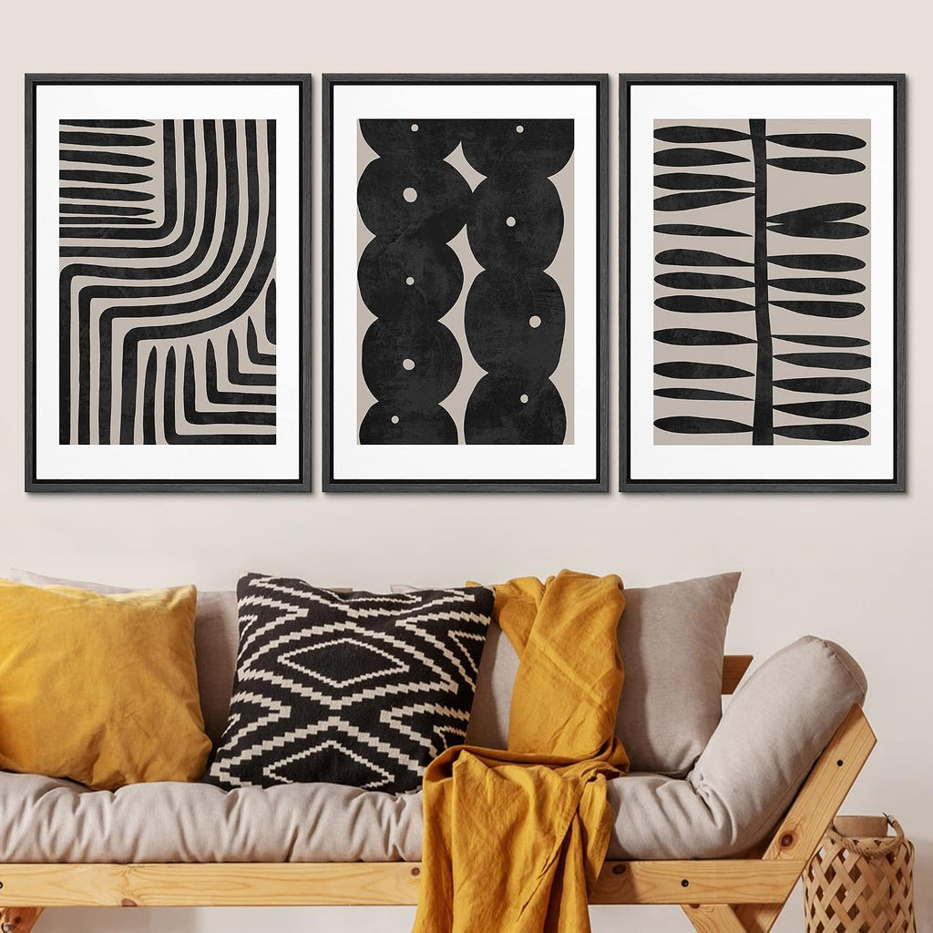 SIGNLEADER Framed Canvas Print Wall Art Set Geometric Black Paint Stroke Patterns Abstract Shapes Illustrations Modern Art Decorative Contemporary for Living Room, Bedroom, Office - 24'x36'x3 BLACK