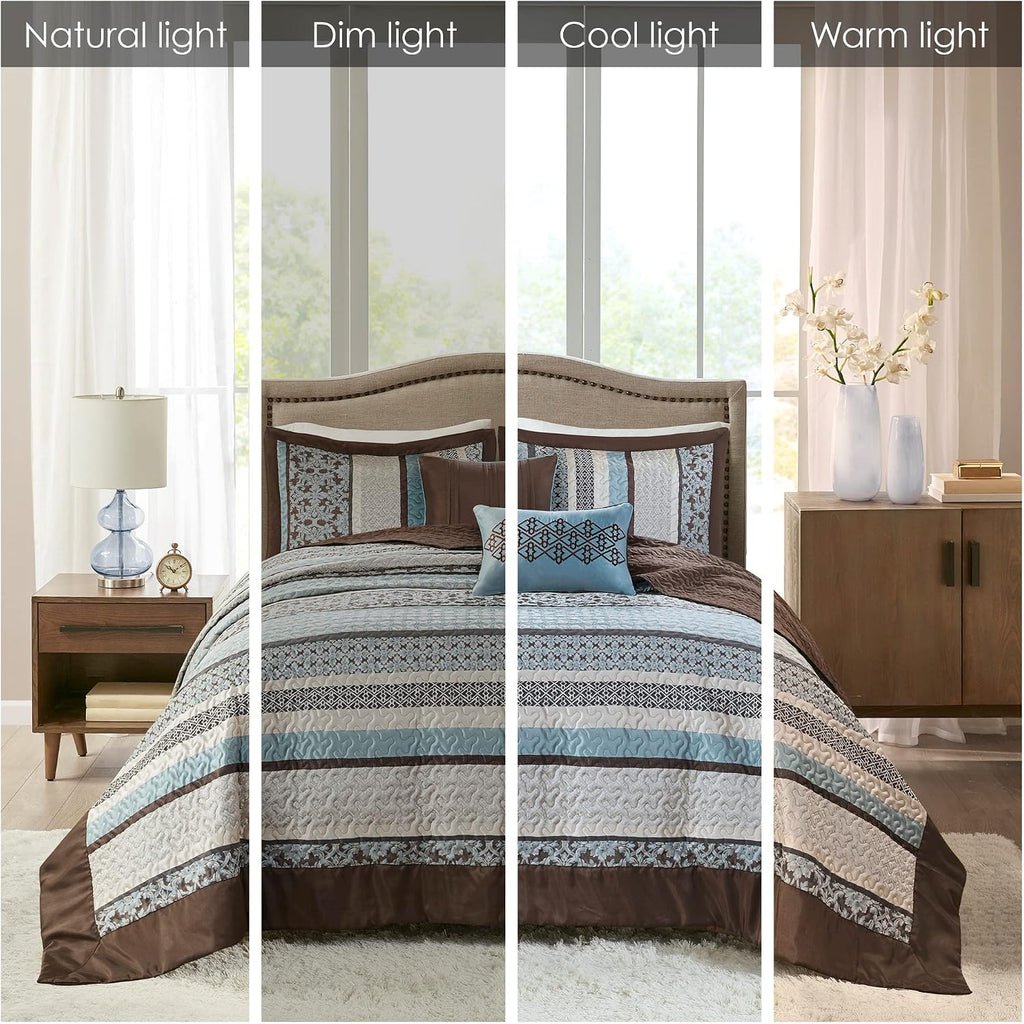 Madison Park Princeton Reversible Quilted Bedspread Set, Solid Reverse Summer Breathable, Lightweight All Season Bedding Layer, Matching Shams, Bedspread Queen(102'x118'), Blue 5 Piece