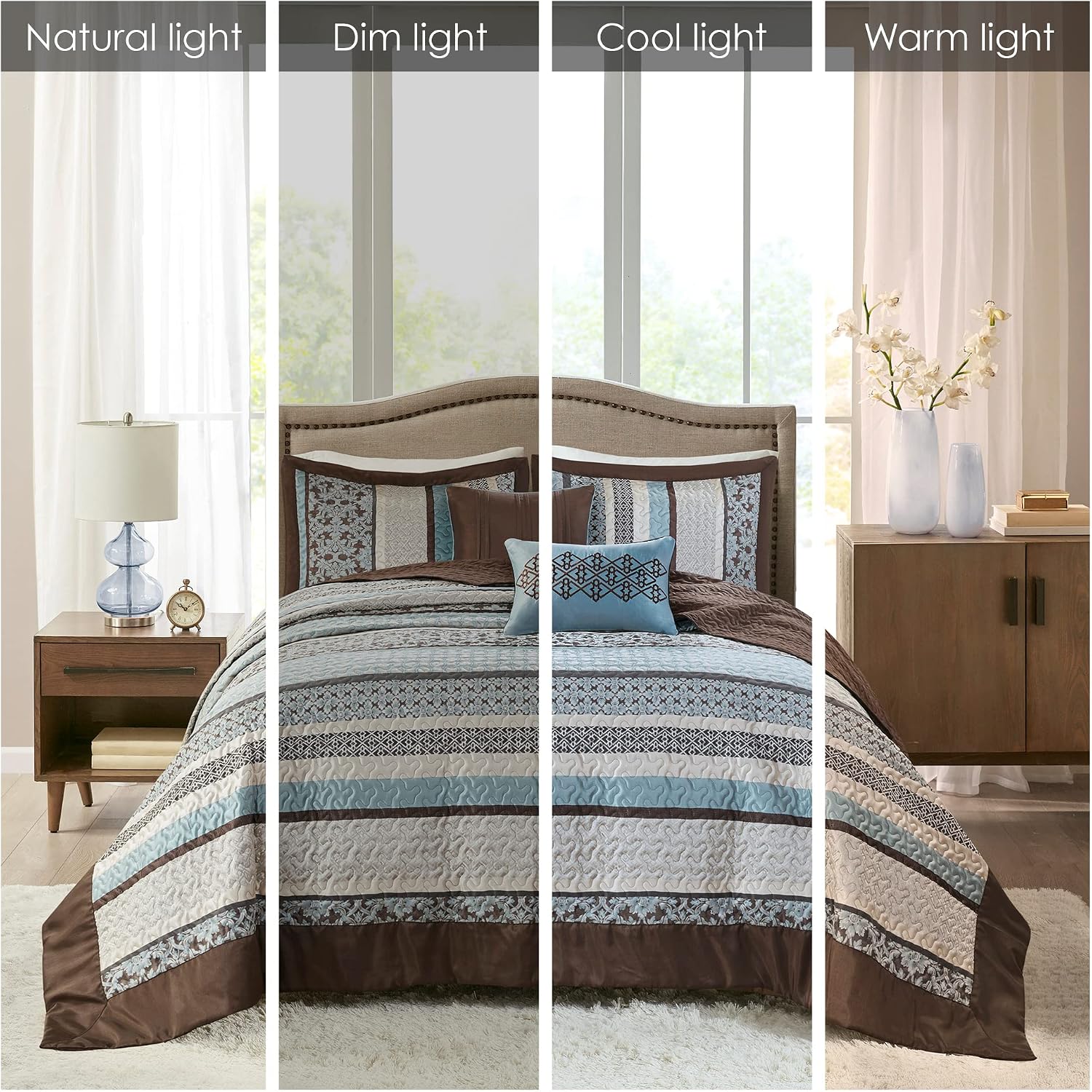 Madison Park Princeton Reversible Quilted Bedspread Set, Solid Reverse Summer Breathable, Lightweight All Season Bedding Layer, Matching Shams, Bedspread Queen(102'x118'), Blue 5 Piece