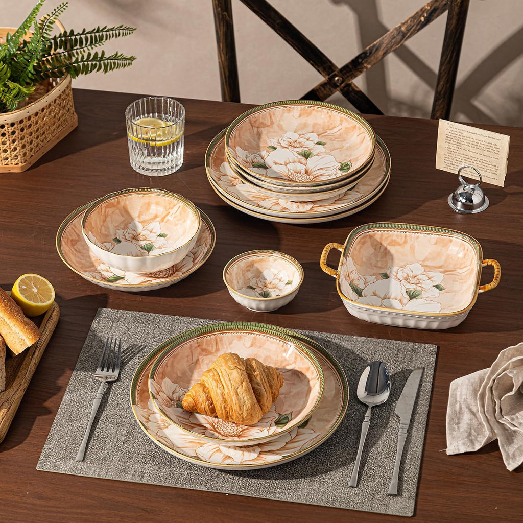 36-Piece Dinnerware Set for 6, Porcelain Plates and Bowls Sets, Vintage Camellia Flower Pattern Elegant Tableware, Chip-Resistant Stackable Ceramic Dish Set, Microwave & Dishwasher Safe