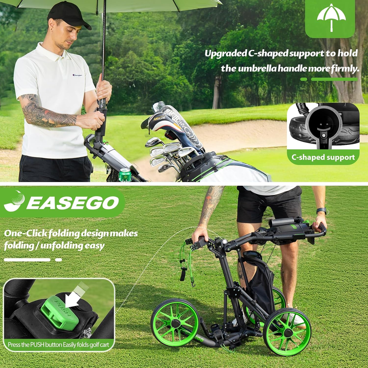 EASEGO Golf Push Cart 3 Wheel : Golf Bag Cart Foldable with Phone Holder/Cup/Umbrella Holder Compact Golf Pull Carts Quick Fold Golf Caddy Push Carts with Large Wheelbase for Different Terrain