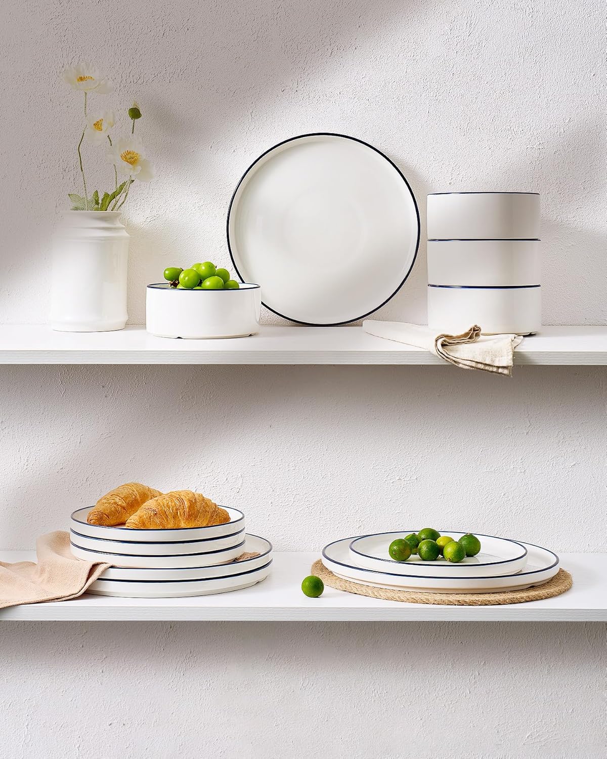 Famiware Porcelain Dinnerware Set, 24-Piece Modern Plate and Bowl Set, dish set for 8, Microwave and Dishwasher Safe Tableware, White with Blue Trim
