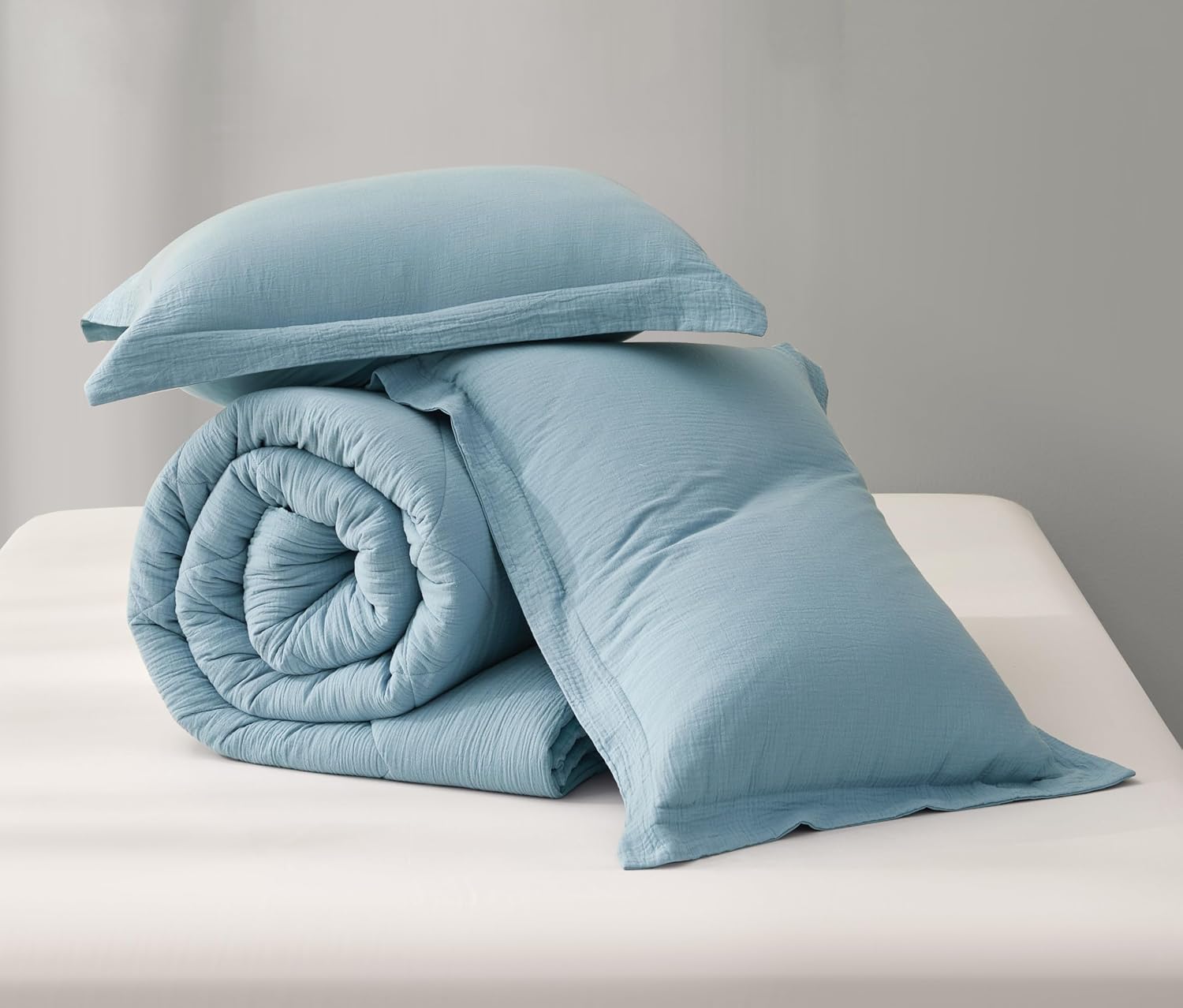 Chezmoi Collection Skye 3-Piece 100% Cotton Muslin Thin Comforter Set Oversized King, Lake Blue Reversible Soft Washed Cotton Gauze Breathable Lightweight Comforter, 130GSM Fill Summer Blanket
