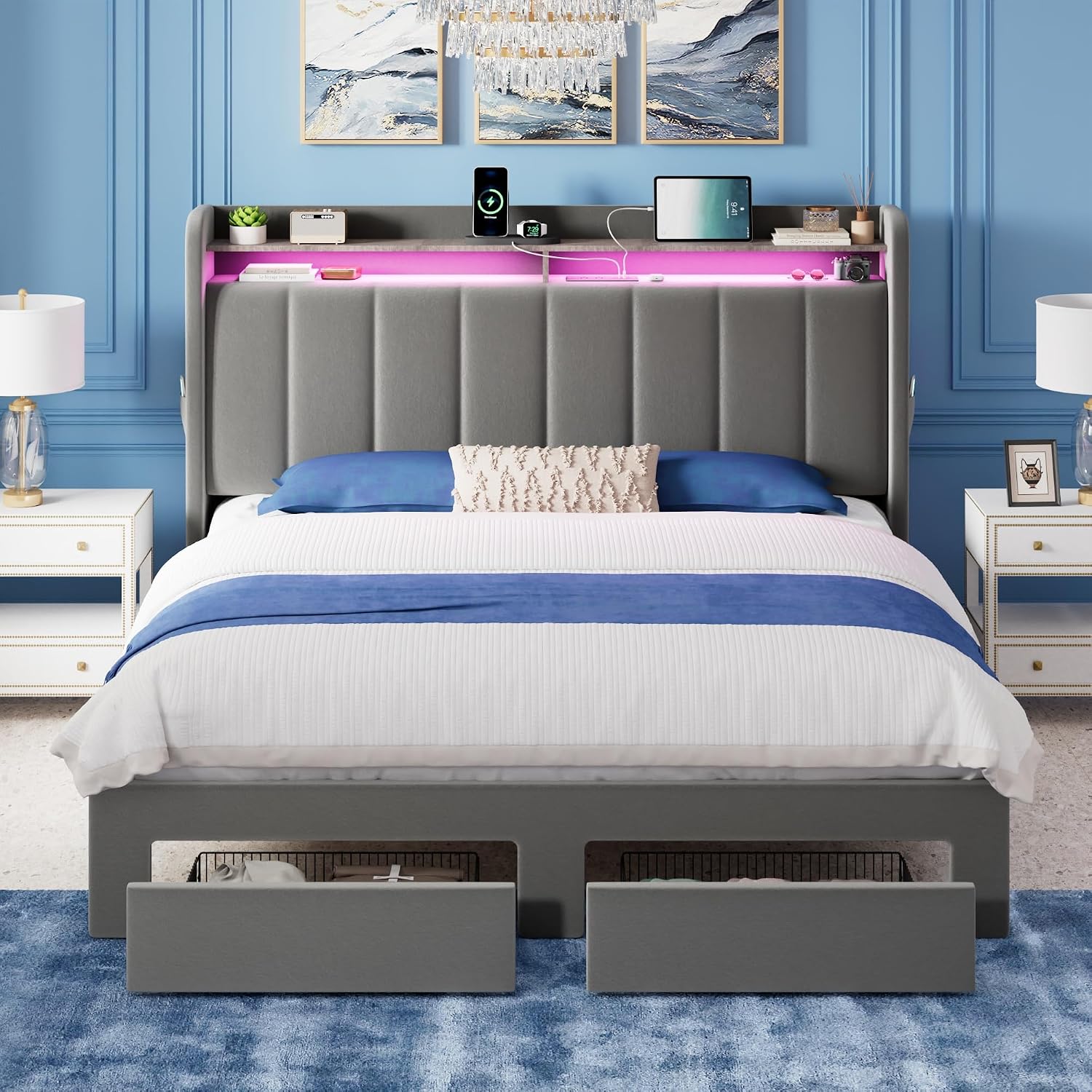 Allewie Velvet Vertical Tufted Queen Upholstered Platform Bed Frame with 2-Tier LED Storage Headboard & 2 Storage Drawers, USB & Type-C Charging Ports, Noise-Free/No Box Spring Needed, Grey