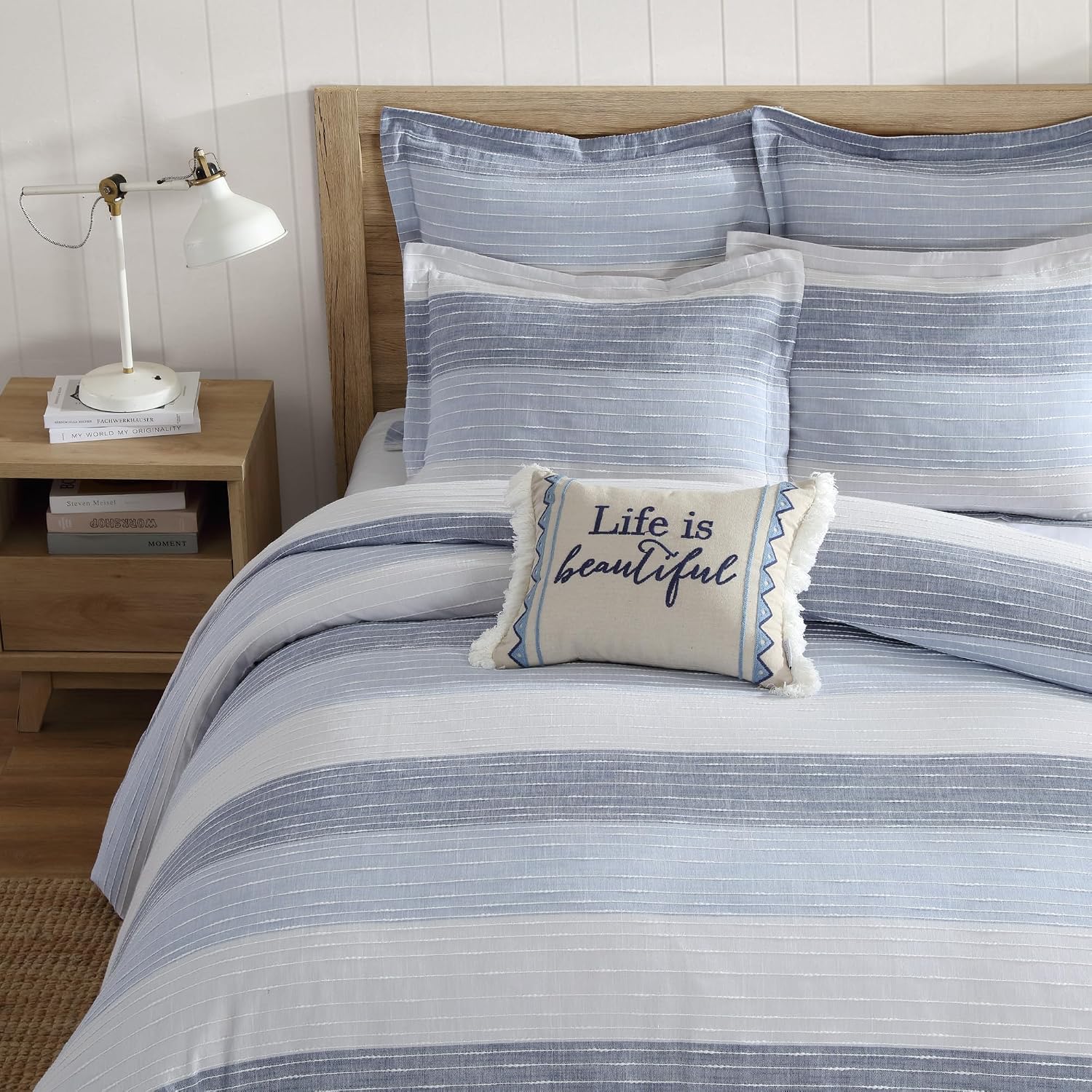 Levtex Home Sand Stripes Blue Twin Duvet Cover Set (68x88in) with 1 Pillowcase (26x20in) - Woven Jacquard Stripe - Blue, Grey, White - 100% Cotton Twin Size Duvet Cover Set - Soft, Pre-Washed