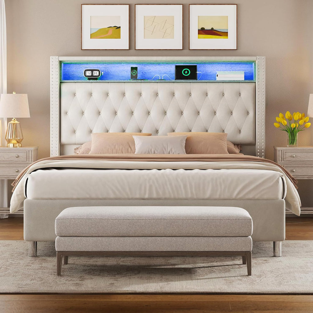 Jocisland 53.2'' Queen Size Bed Frame with Tall Storage Headboard, LED Lights & Charging Station, Velvet High Upholstered Button Tufted Wingback Platform Bed, No Box Spring Needed, Cream