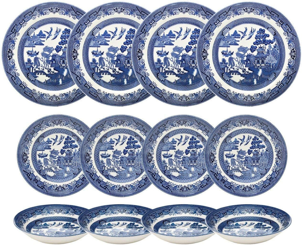 Churchill Blue Willow Dinner Plates, Salad Plates and Coupe Bowls 12 Piece Dinnerware Set, Made In England