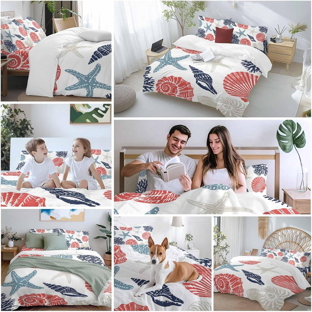 Summer Marine Life Duvet Cover Set Queen Size 4 Pieces Graffiti Red Corals Shell Conch Blue Starfish Bedding Set with Zipper Closure, 1 Comforter Cover 90x92 Inches 1 Flat Sheet & 2 Pillow Cases