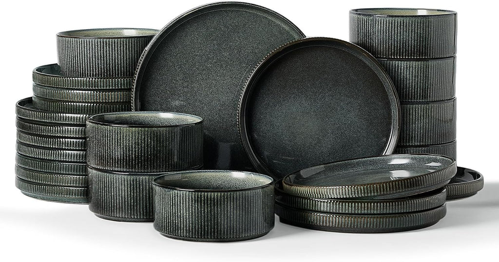 Famiware Star 24-Piece Plates and Bowls Set with Trim, Service for 8 - Stoneware Reactive Glaze Dinnerware, High Edge Ribbed Dishes, Chip & Scratch Resistant, Microwave & Dishwasher Safe, Deep Forest