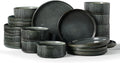 Famiware Star 24-Piece Plates and Bowls Set with Trim, Service for 8 - Stoneware Reactive Glaze Dinnerware, High Edge Ribbed Dishes, Chip & Scratch Resistant, Microwave & Dishwasher Safe, Deep Forest
