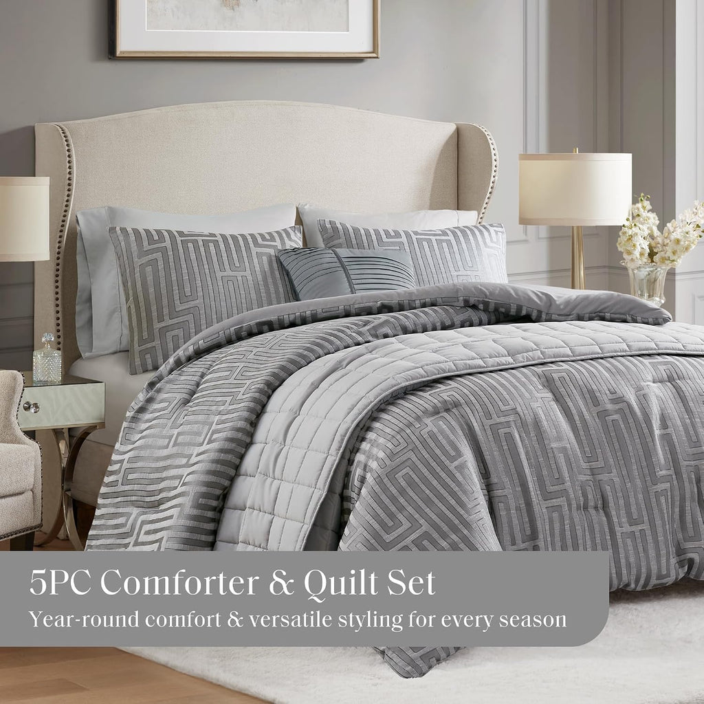 Madison Park Queen Comforter Set Jacquard Metallic Thread Comforters Queen Size Bed, All Season Comforter & Quilt Bedding Set Queen Size Comforter, Decor Pillows, Shams, Royce, Queen Grey 5 Piece
