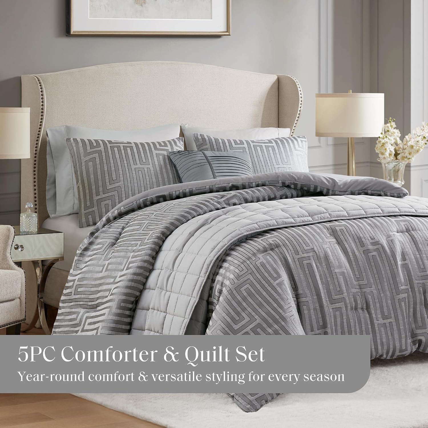 Madison Park Queen Comforter Set Jacquard Metallic Thread Comforters Queen Size Bed, All Season Comforter & Quilt Bedding Set Queen Size Comforter, Decor Pillows, Shams, Royce, Queen Grey 5 Piece