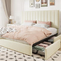 Allewie King Size Storage Bed Frame, Vertical Channel Tufted Adjustable Headboard, Velvet Upholstered Platform Bed with 4 Oversized Underbed Drawers, Wooden Slats Support, No Box Spring Needed, Cream