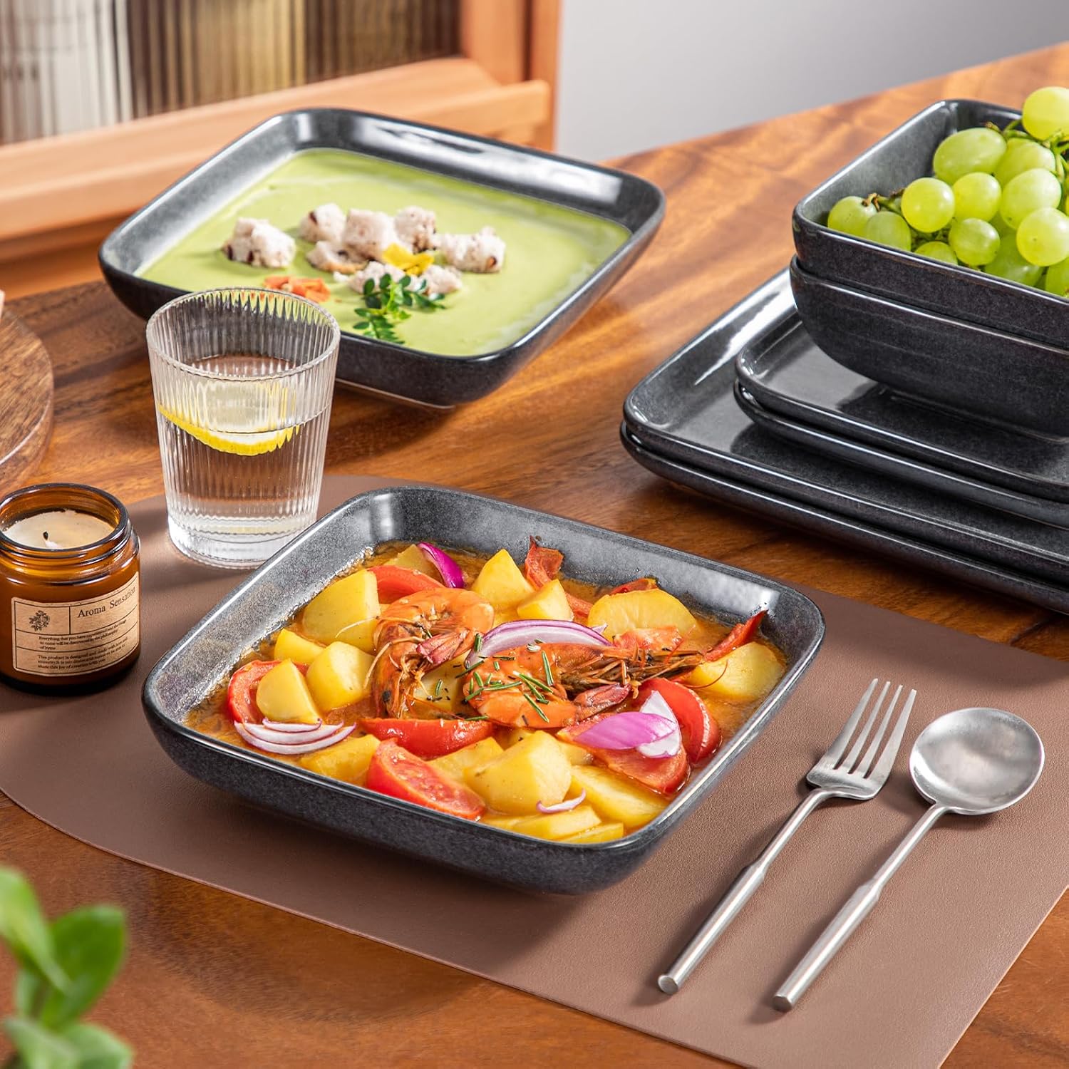 vancasso Stern Gray Dinnerware Set Square Reactive Glaze Tableware 16 Pieces Kitchen Dinnerware Stoneware Crockery Set with Dinner Plate, Dessert Plate, Bowl and Soup Plate Service for 4