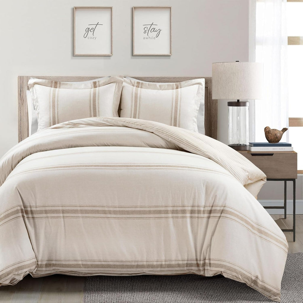 Lush Decor Farmhouse Stripe Reversible Cotton Duvet Cover King Size 3 Piece Set Neutral - Farmhouse Bedding Set King - Striped Duvet Cover