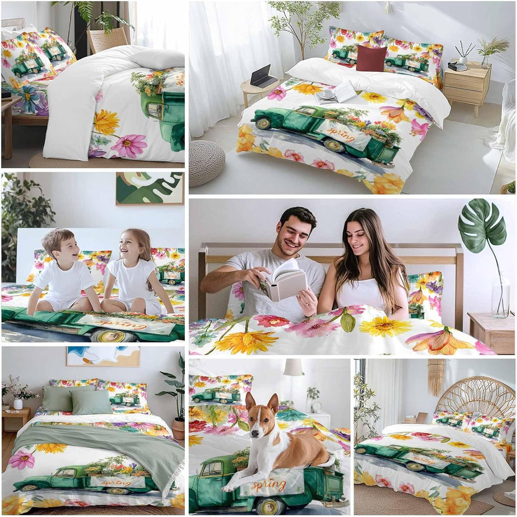 Spring Floral Duvet Cover Set Queen Size 4 Pieces Oil Painting Flower Watercolor Farm Light Blue Truck Bedding Set with Zipper Closure, 1 Comforter Cover 86x86 Inches 1 Flat Sheet & 2 Pillow Cases