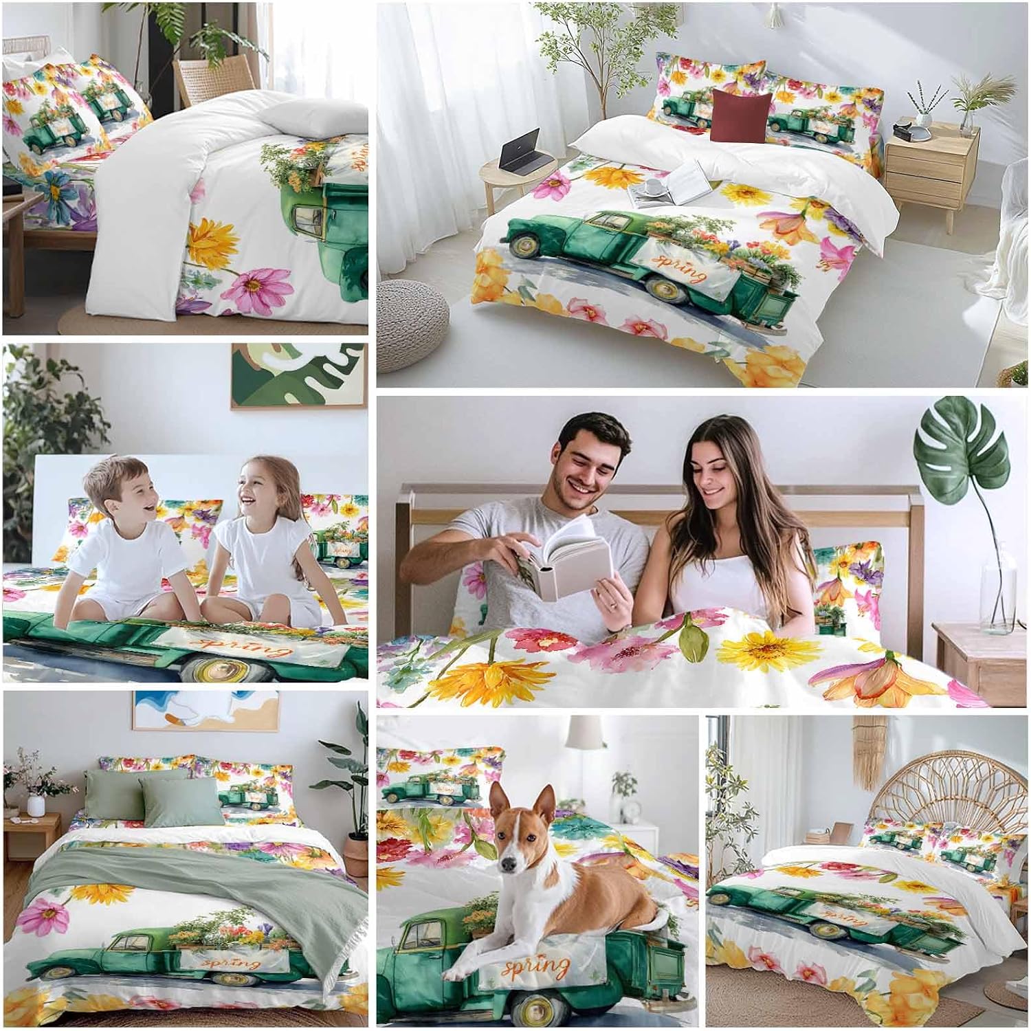 Spring Floral Duvet Cover Set Queen Size 4 Pieces Oil Painting Flower Watercolor Farm Light Blue Truck Bedding Set with Zipper Closure, 1 Comforter Cover 86x86 Inches 1 Flat Sheet & 2 Pillow Cases