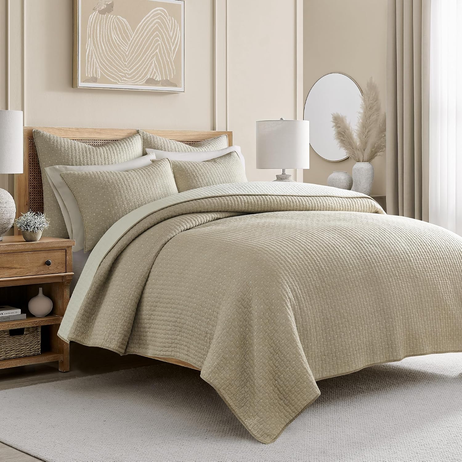 Levtex Home Cross Stitch Reversible Twin XL/Twin Quilt Set (68x86in) with 1 Pillow Sham (26x20in) - Stitch Texture - Taupe - Cotton Twin/Twin Size Quilt Bedding Set - Lightweight, Soft, Pre-Washed