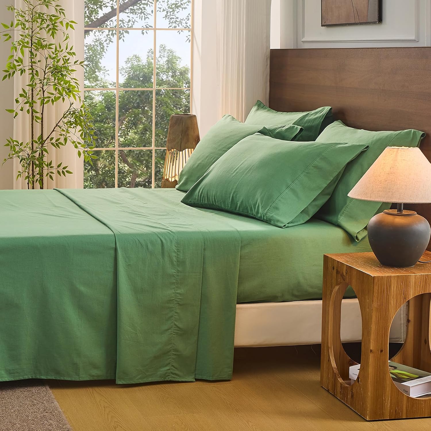 Bedlifes 100% French Flax Linen Sheets Set Queen Size - 6 Piece Extra Deep Pocket 18-24',Soft Breathable Queen Bed Sheets with Temperature Regulating & Moisture-Wicking(Sage Green