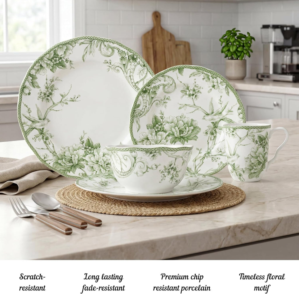 222 Fifth Adelaide Moss 16-Piece Porcelain Dinnerware Set – Service for 4, Big Dinner Plates and Bowls Sets with Mugs, Hand-Applied Decal, Microwave & Dishwasher Safe, for Everyday Entertainment