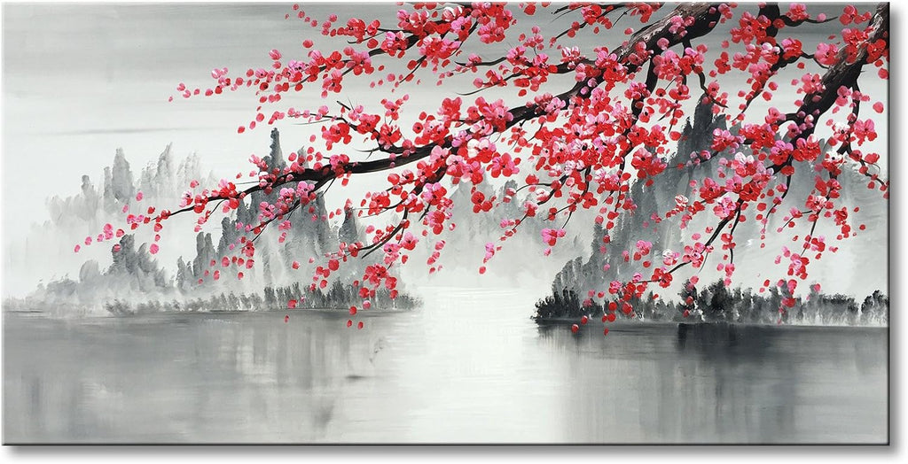 Large Traditional Chinese Painting Hand Painted Plum Blossom Canvas Wall Art Modern Black and White Landscape Oil Painting for Living Room 60 x 30 inch