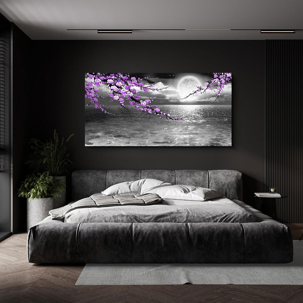 Large Purple Wall Art Decor for Living Room Bedroom Framed Black and White Seascape Full Moon Purple Flower Painting Canvas Picture Modern Hand-Painted Plum Blossom Artwork for Home Office