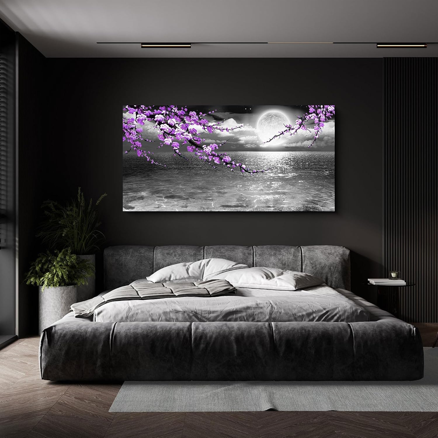 Large Purple Wall Art Decor for Living Room Bedroom Framed Black and White Seascape Full Moon Purple Flower Painting Canvas Picture Modern Hand-Painted Plum Blossom Artwork for Home Office
