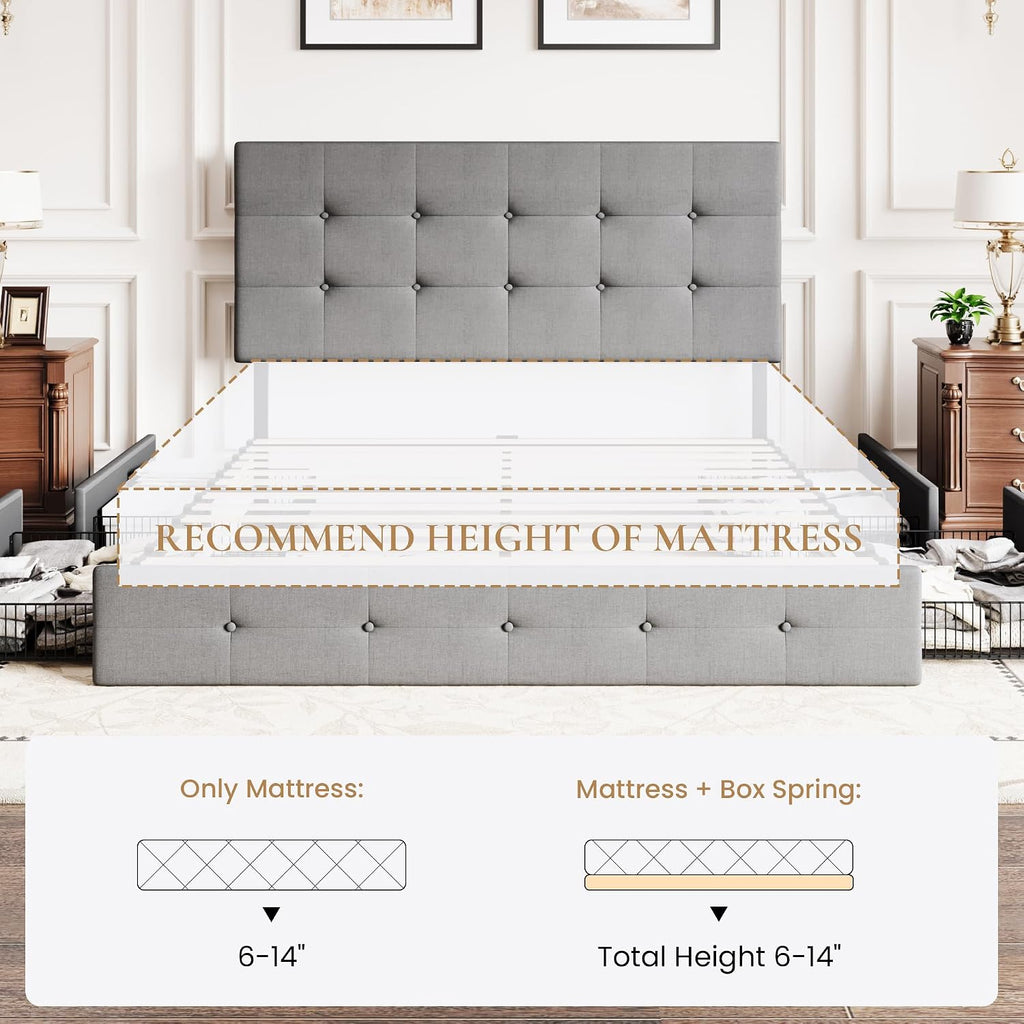 SHA CERLIN Upholstered Queen Size Platform Bed Frame with 4 Storage Drawers, Adjustable Headboard with Square Stitched Button Tufted Design, Wooden Slat Support, No Box Spring Needed, Light Grey