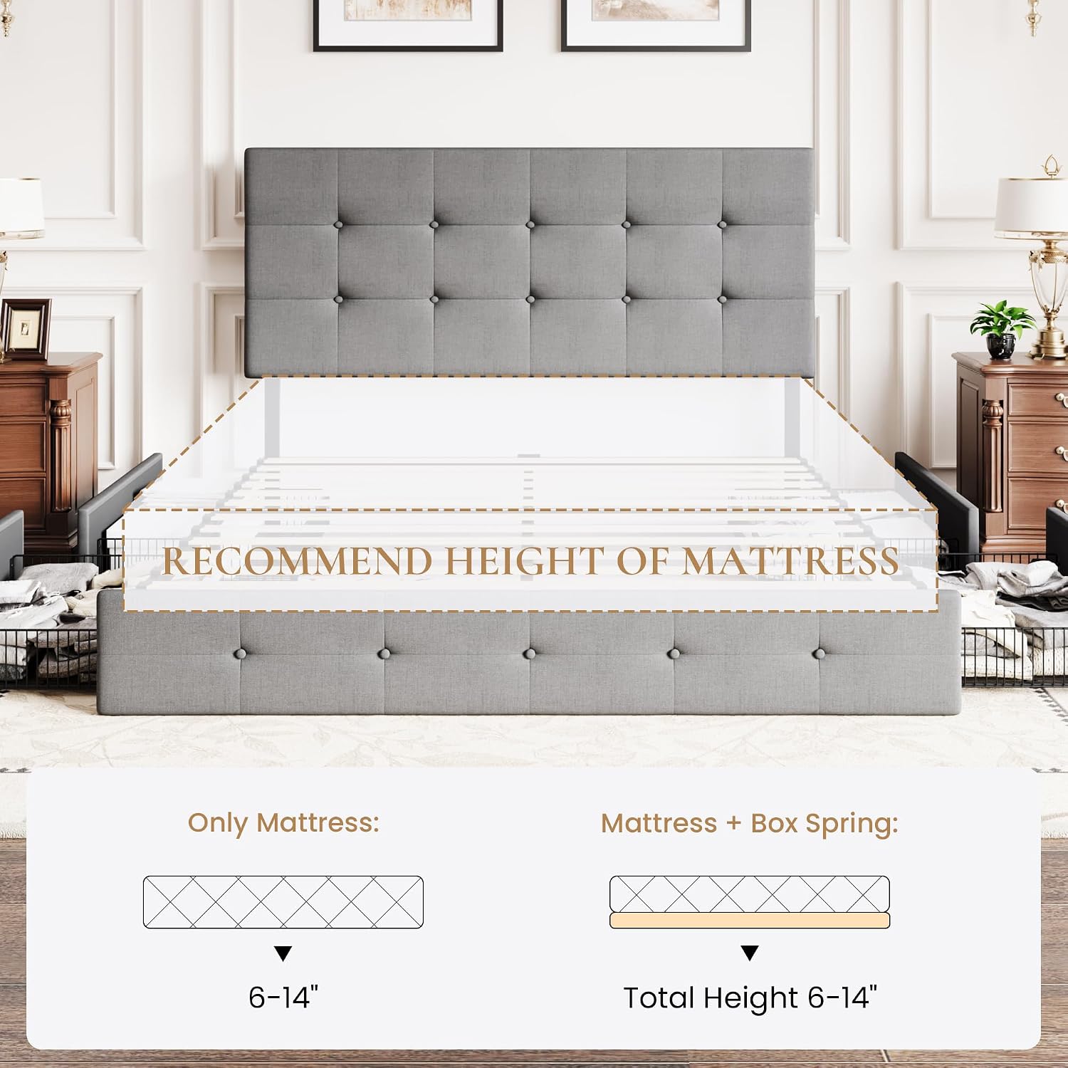 SHA CERLIN Upholstered Queen Size Platform Bed Frame with 4 Storage Drawers, Adjustable Headboard with Square Stitched Button Tufted Design, Wooden Slat Support, No Box Spring Needed, Light Grey